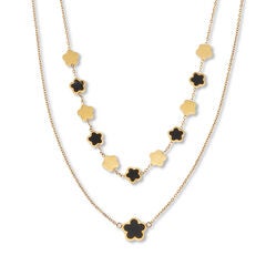 Genuine Black Onyx Gold Ion-Plated Stainless Steel Clover Necklace 17 to 19-inch
