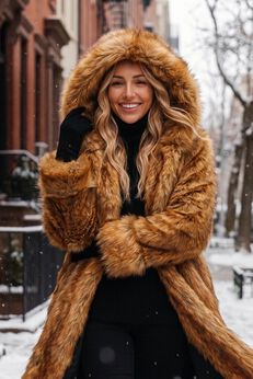Plus Size Hooded Faux Fur Coat