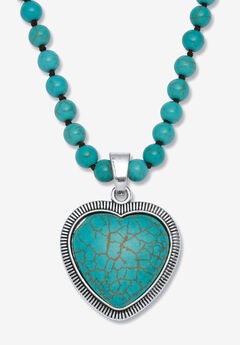 Genuine Turquoise Antiqued Silvertone Heart Pendant Necklace, 34 Inches
