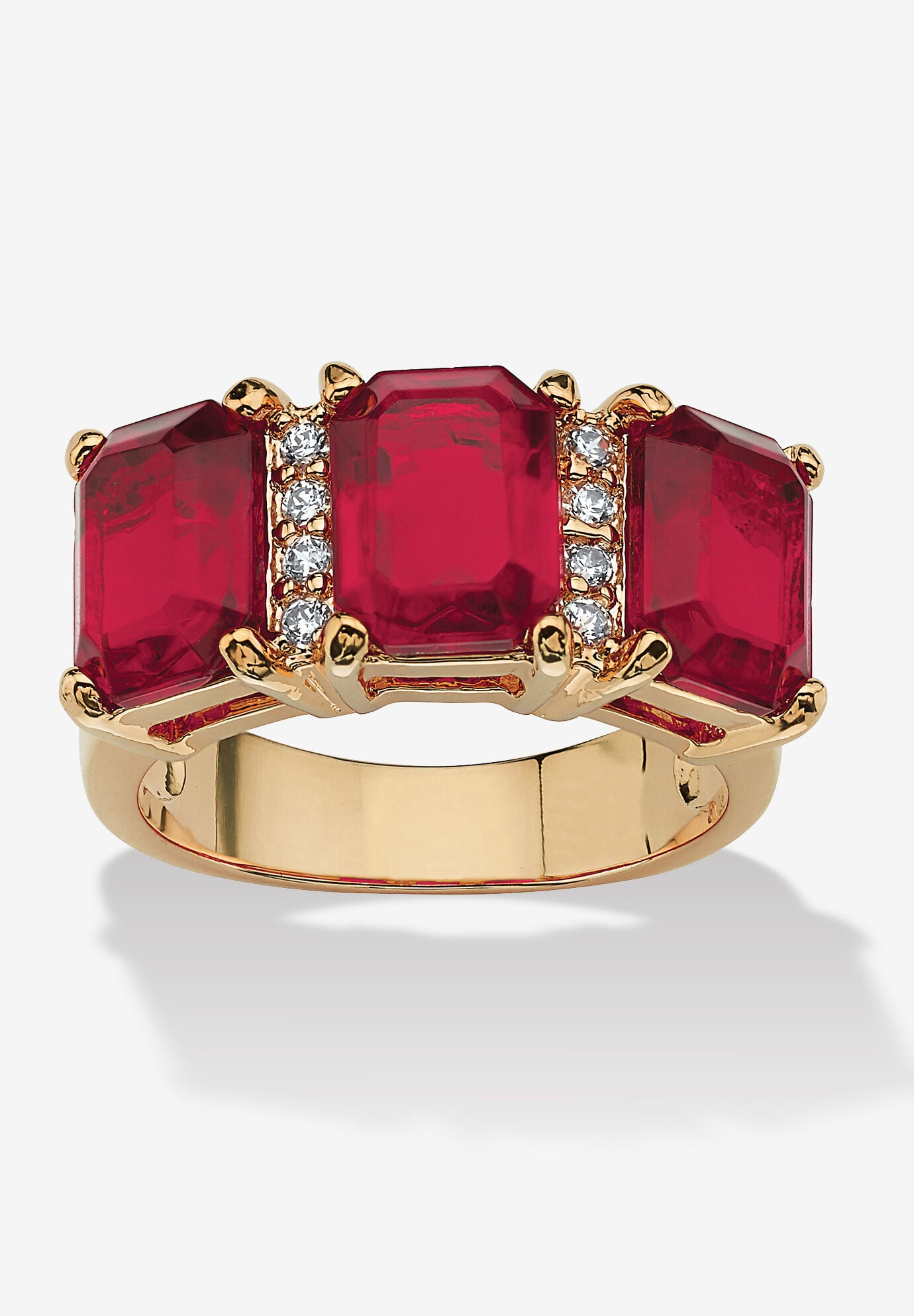 Yellow Gold-Plated Emerald Cut 3 -Stone Simulated Birthstone & CZ Ring, JULY, hi-res image number 0