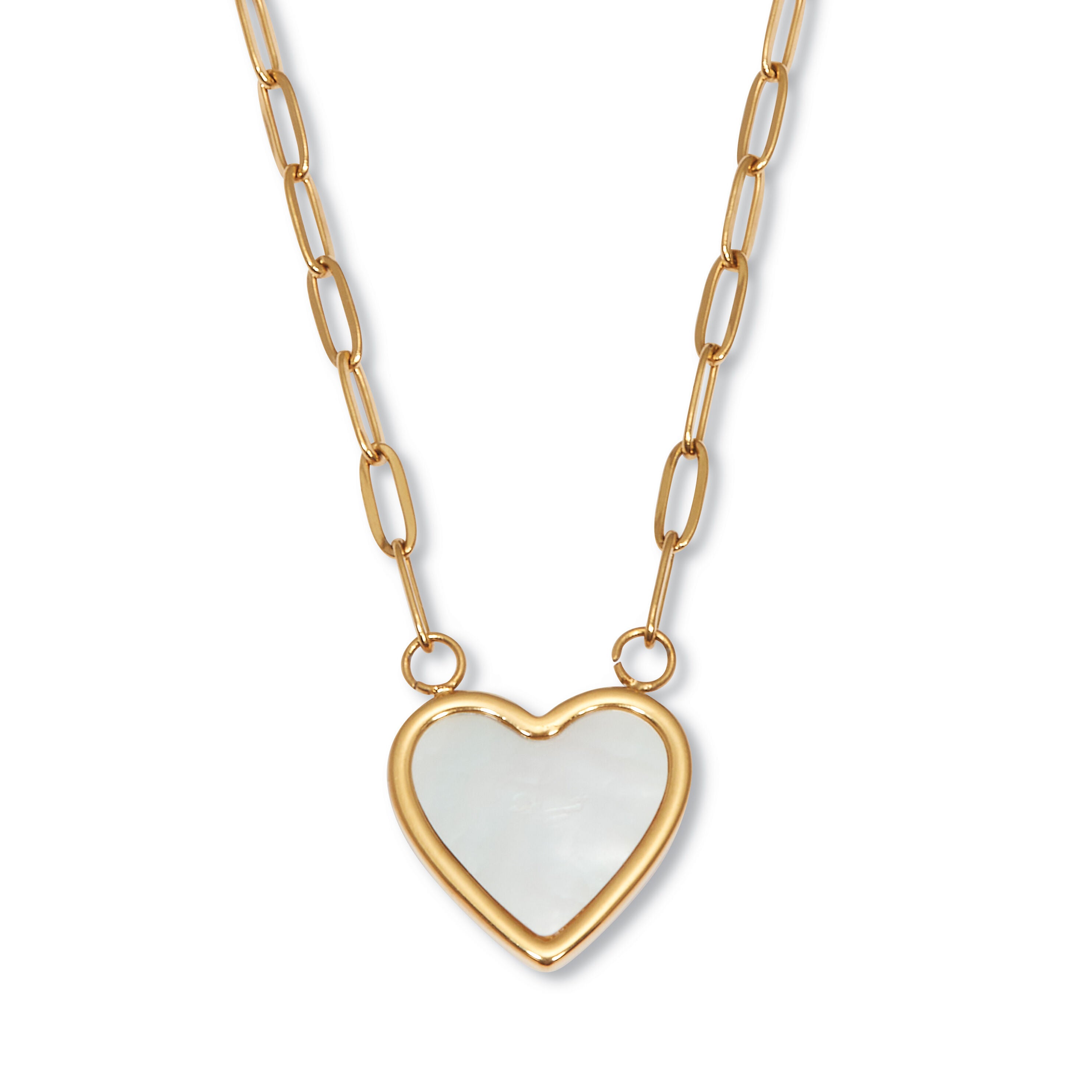 Mother of Pearl Gold Ion-Plated Stainless Steel Heart Necklace 18 to 20-inch, WHITE, hi-res image number 0