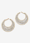 Goldtone Round Crystal Leaf Hoop Earrings, GOLD, hi-res image number null