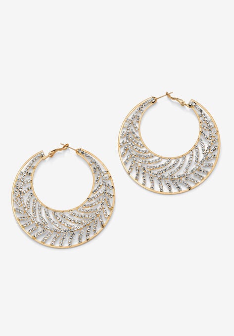 Goldtone Round Crystal Leaf Hoop Earrings, GOLD, hi-res image number null