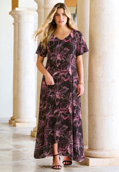 Plus Size Hand Crinkled Flutter-Sleeve Maxi Dress