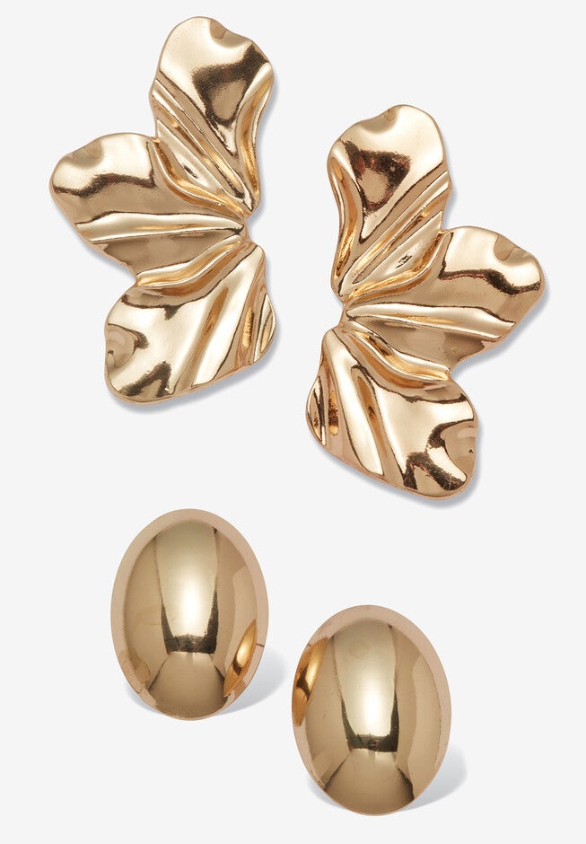 Goldtone Sculptural Floral Drop Earrings And Dome Earrings Set, GOLD, hi-res image number 0