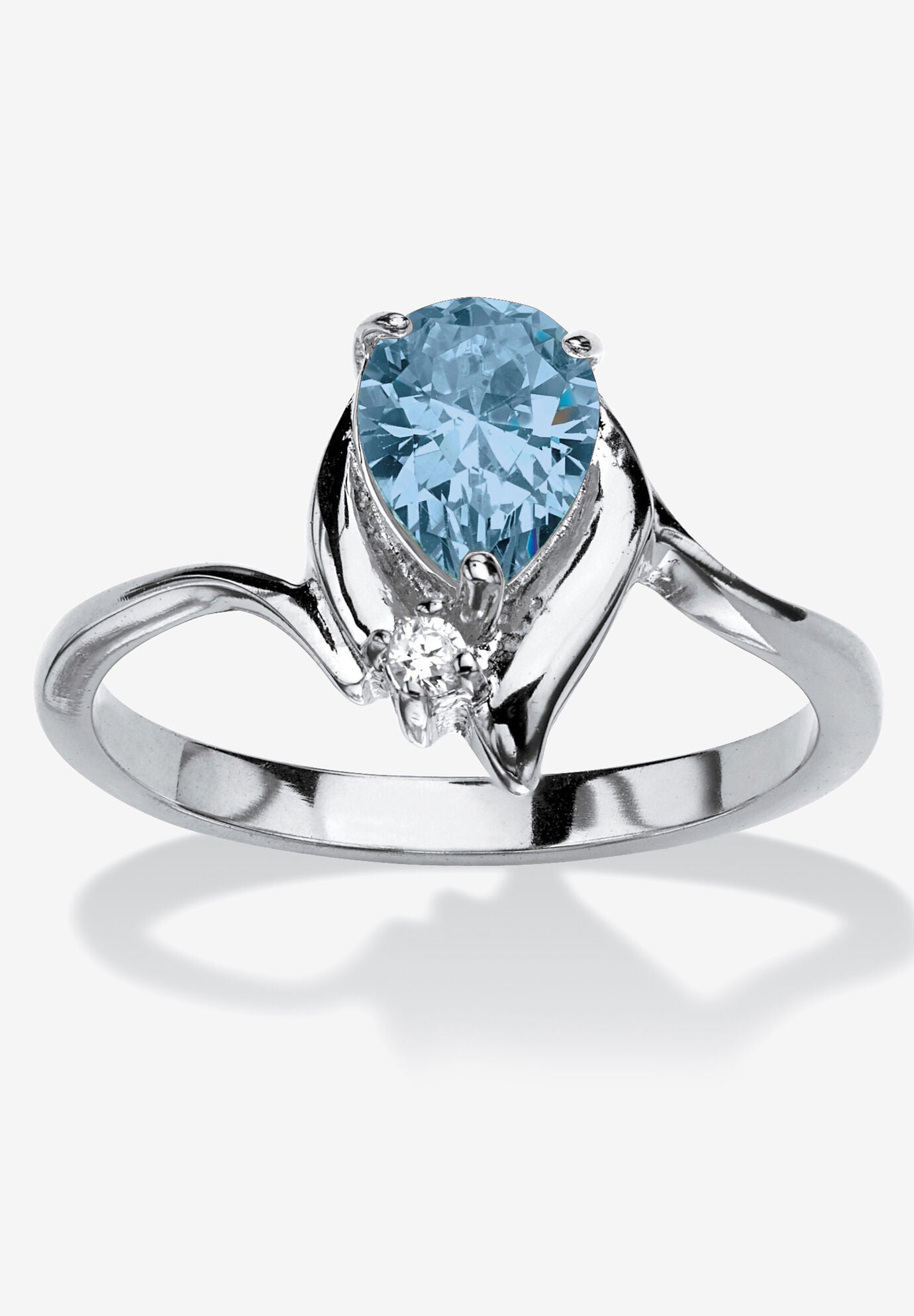 Silvertone Simulated Pear Cut Birthstone And Round Crystal Ring Jewelry, AQUAMARINE, hi-res image number 0