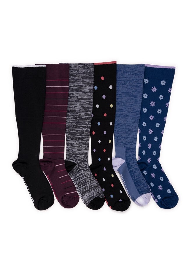 Women'S 6 Pack Nylon Compression Knee-High Socks, EBONY BURGUNDY BLUE, hi-res image number 0