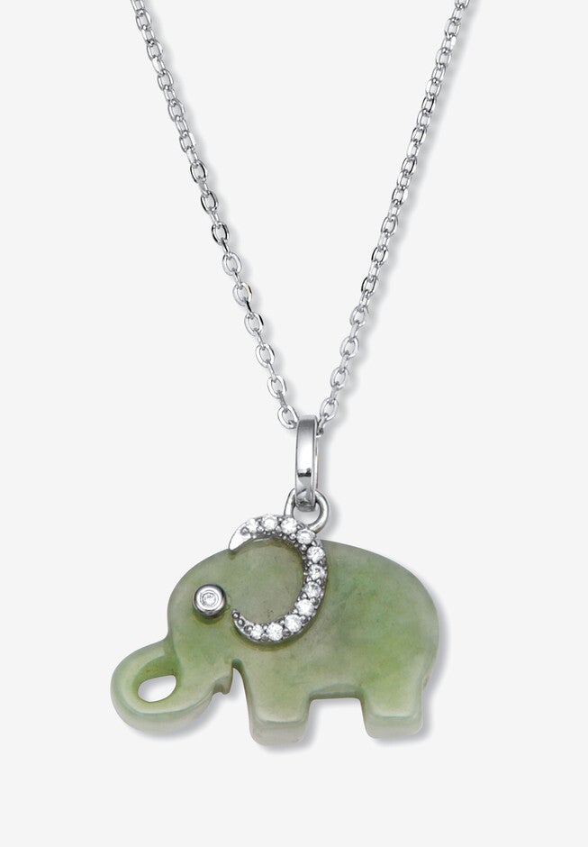 Genuine Green Jade Cz Silvertone Elephant Pendant Necklace, 18 Inch Chain, GREEN, hi-res image number 0