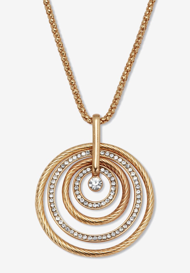 Round Crystal Goldtone Nested Circle Pendant Necklace, 27 To 29-Inch Length, WHITE, hi-res image number null