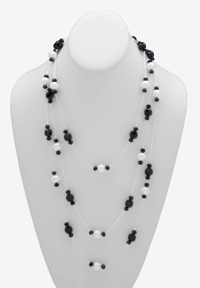 Simulated Black Onyx And Pearl Silvertone Beaded Multi-Strand Necklace 70 inches, , alternate image number null