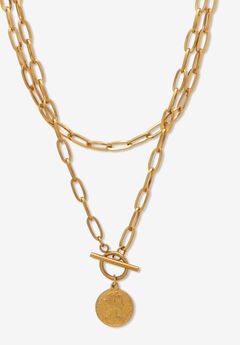 Paperclip Necklace Set Gold Ion-Plated Stainless Steel With Coin Pendant
