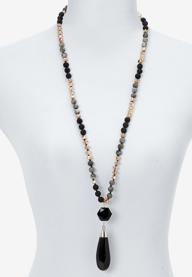 Genuine Black Agate Silvertone Drop Necklace, 32-Inch Length, , alternate image number 3