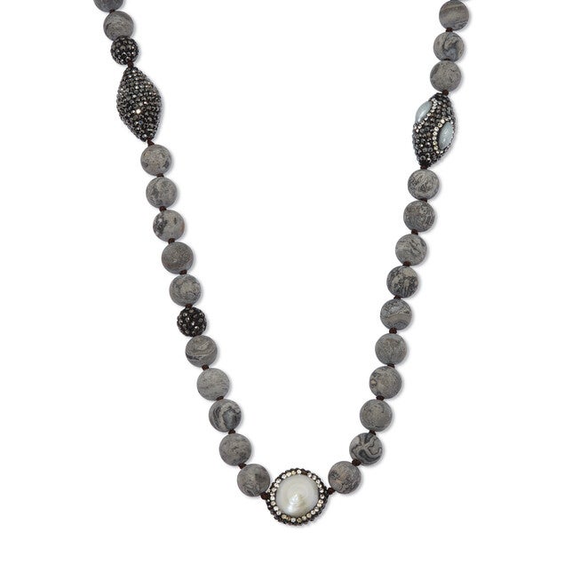 Round Genuine Pearl and Jasper Silvertone Beaded Necklace 34-inch, WHITE, hi-res image number null