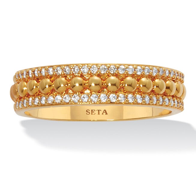 Triple Row Yellow Gold-Plated Round Crystal Band Ring, WHITE, hi-res image number null