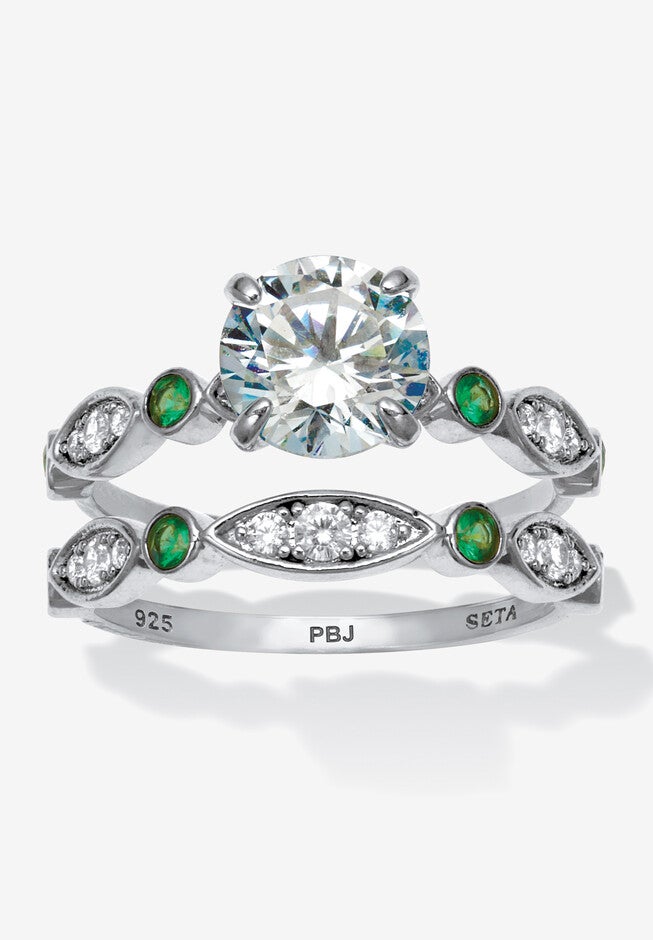 2.52 Tcw White And Green Cubic Zirconia Platinum-Plated Silver Bridal Ring Set, PLATINUM, hi-res image number 0