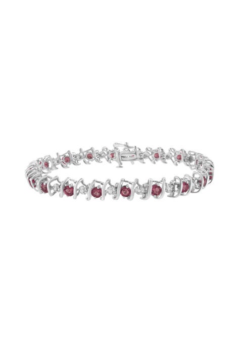 Sterling Silver Gemstone & Round Diamond Tennis Bracelet Pink Tourmaline October Birthstone, WHITE, hi-res image number null