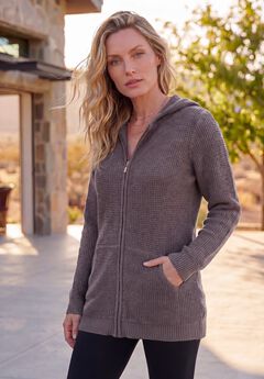 Plus Size Waffle Knit Zip-Front Relaxed Hoodie