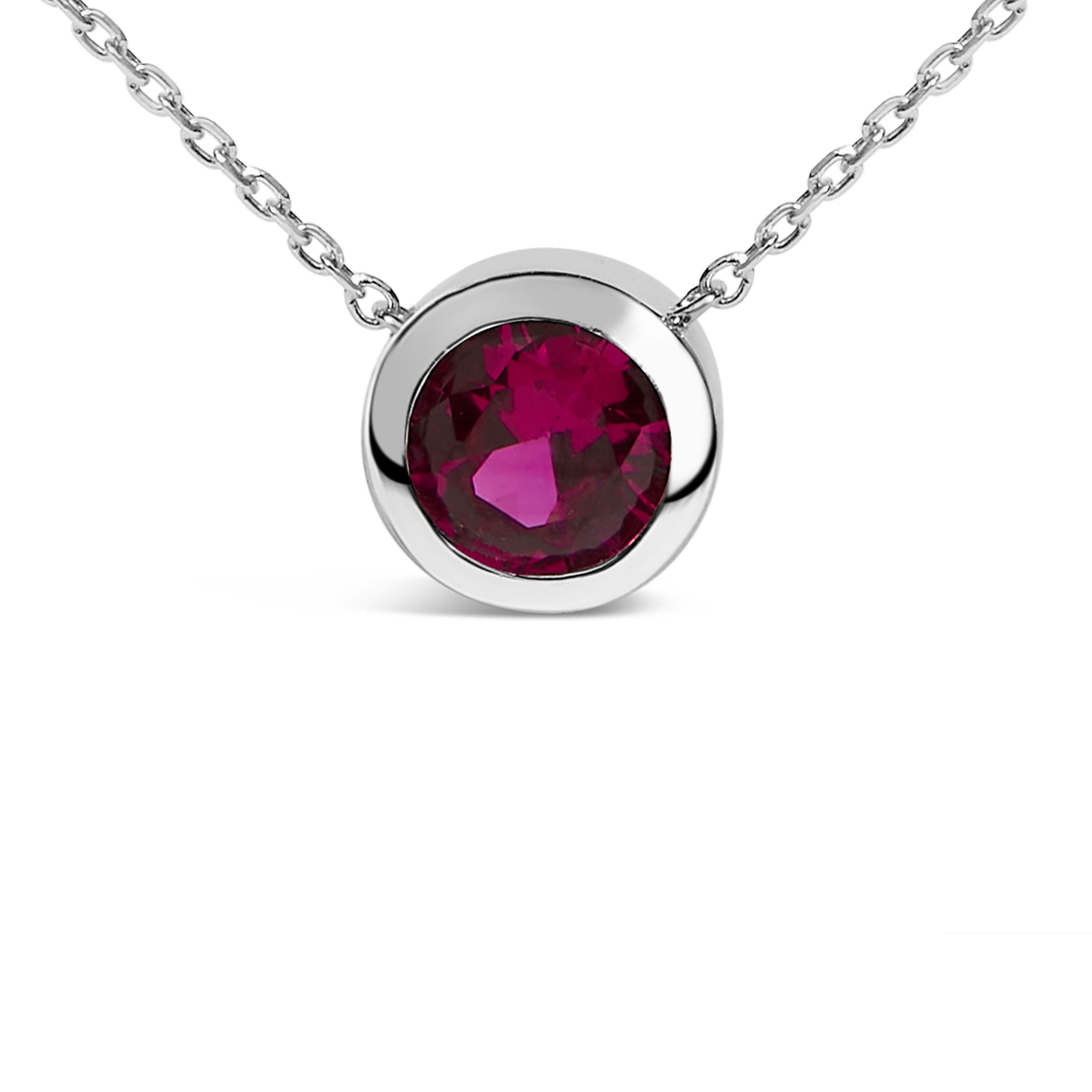 .925 Sterling Silver 7MM Bezel Set Created Red Ruby Pendant Necklace - 18 inches Inches, RED, on-hover image number 1