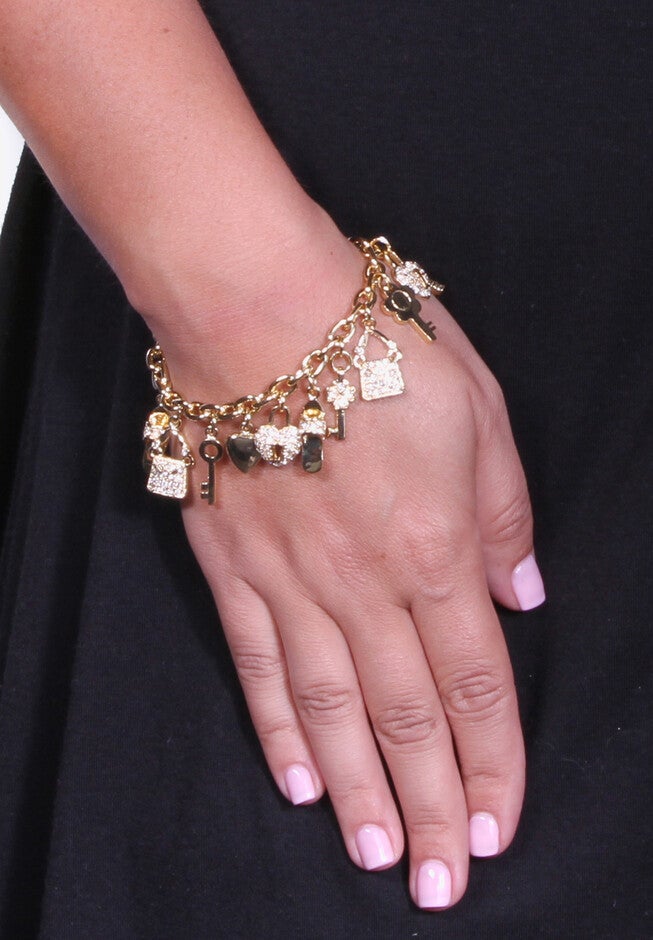 Gold-Plated Shoe,Purse,Heart Lock And Key Charm Bracelet, Crystal 7.5 inches, , alternate image number 2
