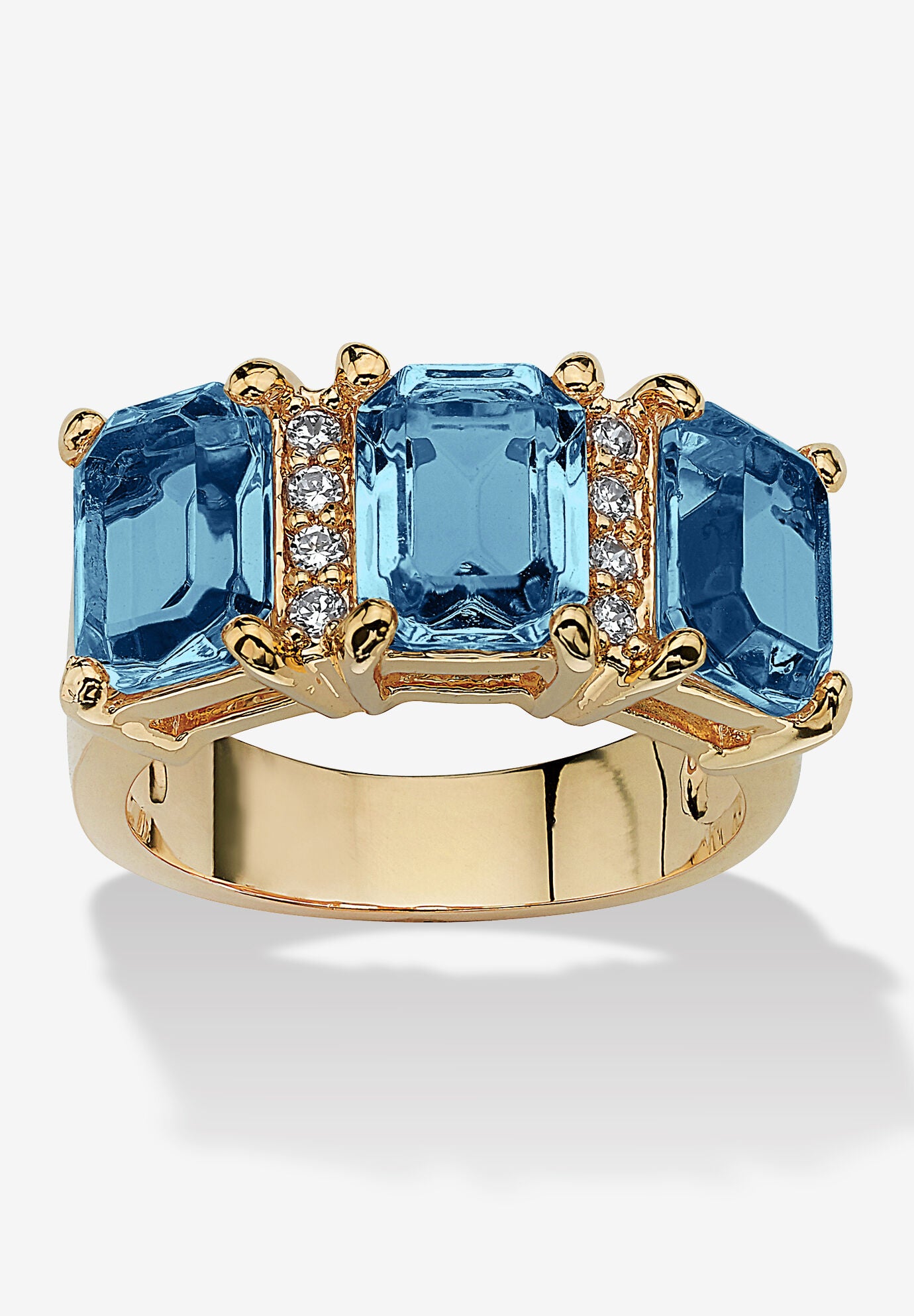 Yellow Gold-Plated Emerald Cut 3 -Stone Simulated Birthstone & CZ Ring, MARCH, hi-res image number 0
