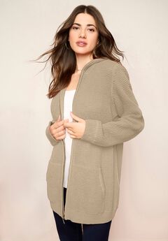 Plus Size Waffle Knit Zip-Front Relaxed Hoodie