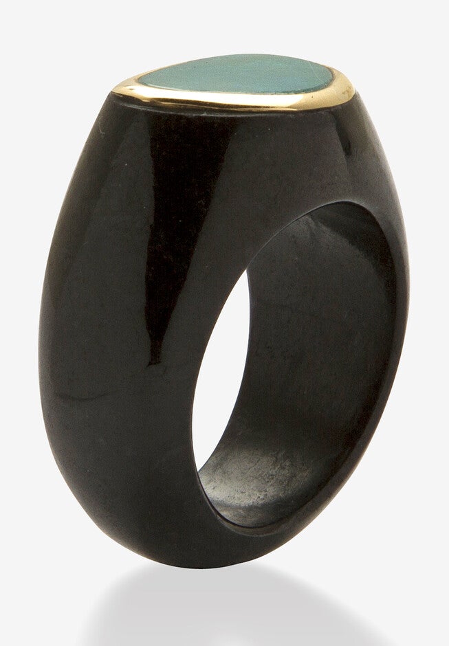 Genuine Blue Opal And Black Jade 10K Yellow Gold Bezel-Set Cabochon Ring, , on-hover image number null