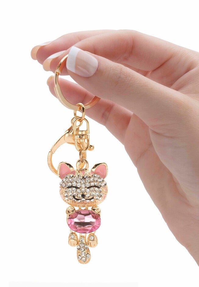 Goldtone Oval Shaped Pink Crystal and White Crystal Accents Cat Key Ring, , alternate image number 2