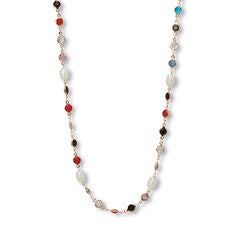 Colorful Crystal and Pearl Yellow Gold Ion-Plated Long Necklace, 40 Inches