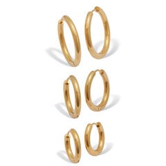 3-Pair Gold Ion-Plated Stainless Steel Hoops, 5/8", 7/10" and 1"