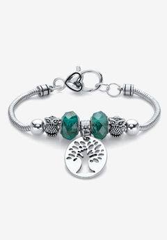 Silvertone Antiqued Bali Style Tree of Life and Owl Charm Bracelet 7.5"