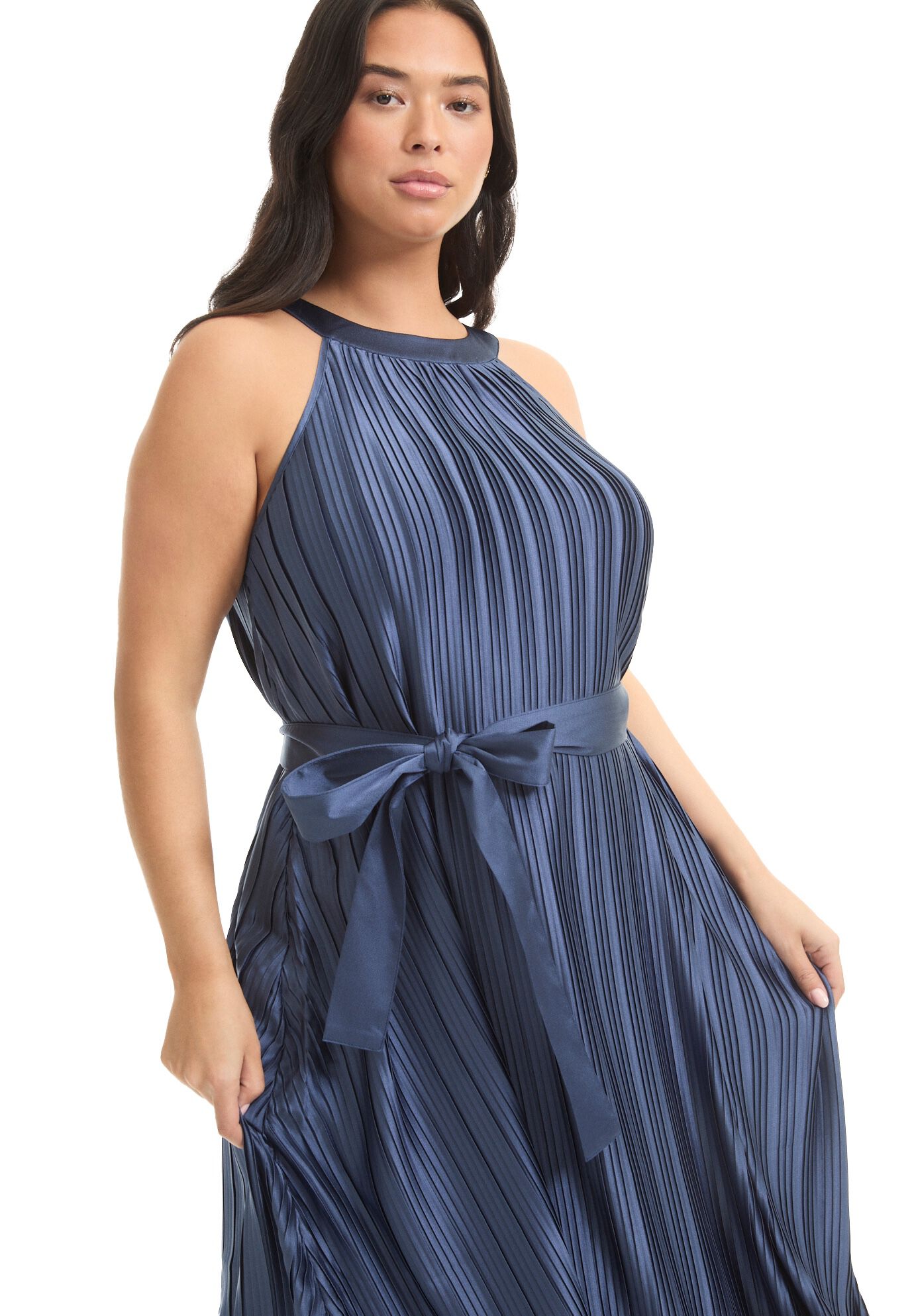 Pleated Halter Maxi Dress, DEEP MARINE, alternate image number 2