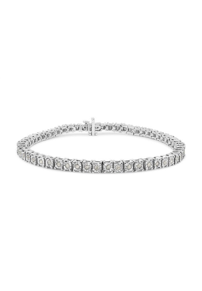 Sterling Silver Diamond Square Frame Miracleset Tennis Bracelet 8 inches, WHITE, hi-res image number 0