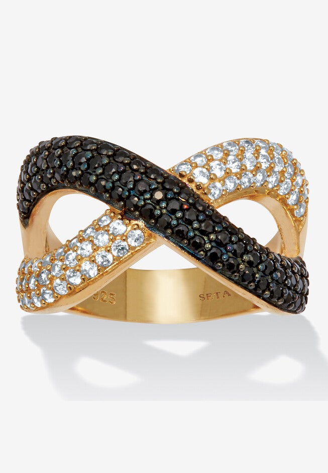 .49 Tcw Round Cz And Black Spinel Gold Ion-Plated Sterling Silver Crossover Ring, BLACK, hi-res image number 0