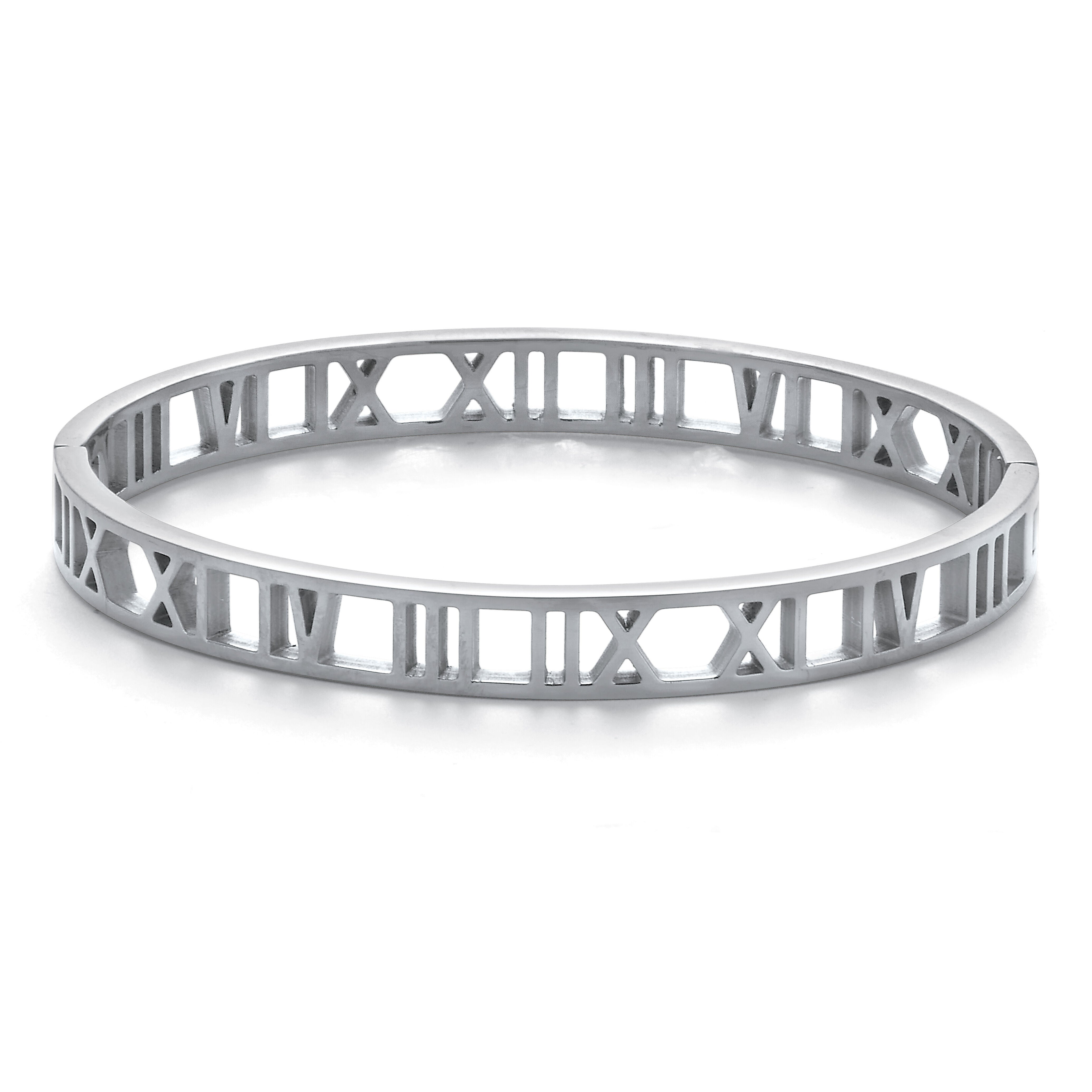 Roman Numeral Stainless Steel Bangle Bracelet, SILVER, hi-res image number 0