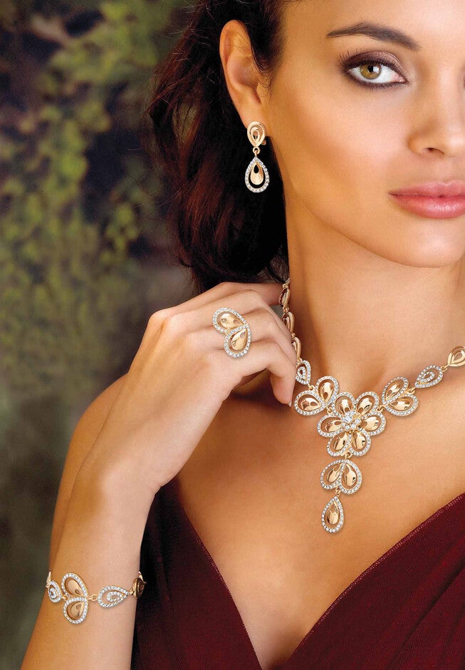 Goldtone Crystal Teardrop Halo Jewelry Set, , alternate image number null