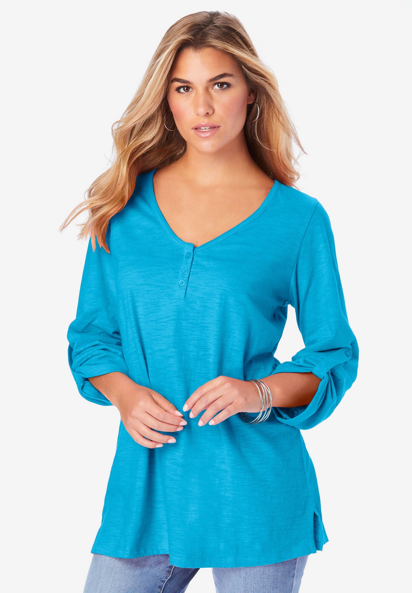 Cotton Slub Classic V-neck Top In Floral Block Print