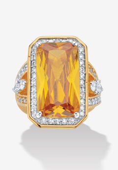 19.52 Tcw Emerald-Cut Yellow Cz Halo Cocktail Ring Yellow Gold-Plated