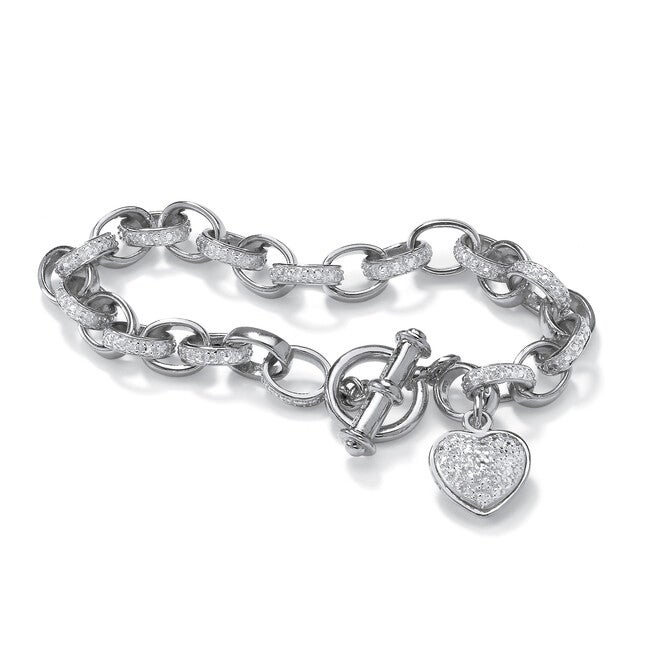 Diamond Accent Heart Charm Bracelet in Platinum-plated Sterling Silver 7.25 inches, WHITE, hi-res image number 0