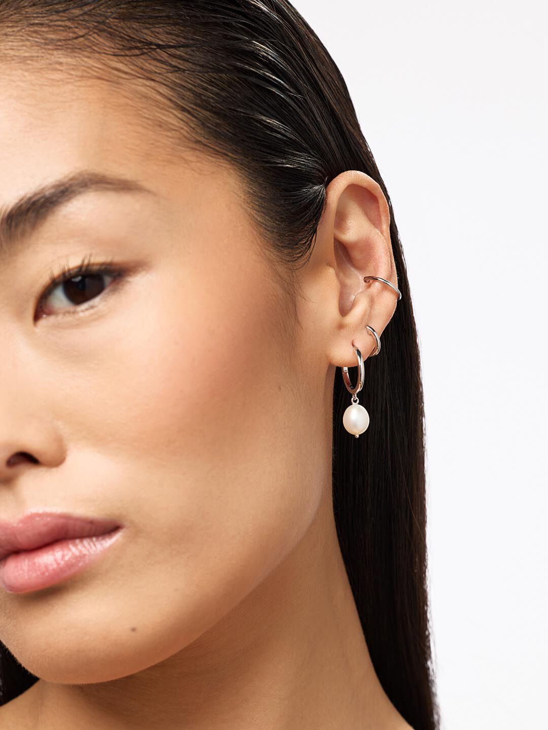 Medium Frida Pearl Hoops, SILVER, alternate image number 1