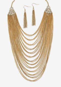 Gold Tone Waterfall 22" Necklace and Drop Earring Set