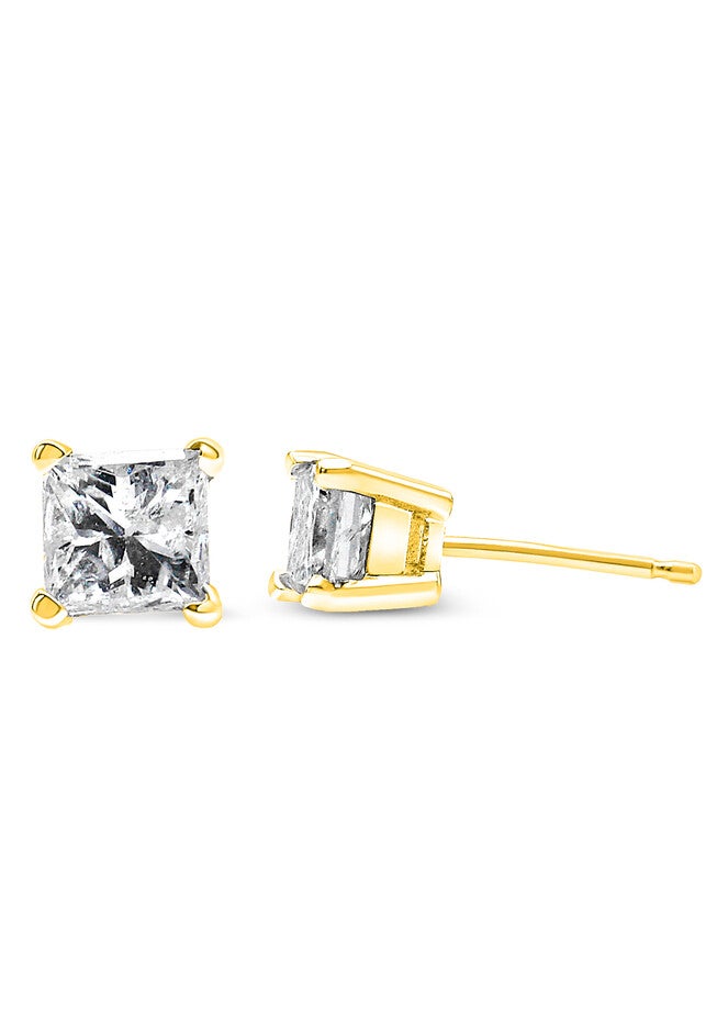 Yellow Gold Princesscut Diamond Petite Classic Square Stud Earrings, , alternate image number 2