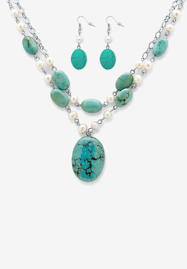 Silver Tone Necklace And Earring Set, Pearl And Turquoise, PEARL TURQUOISE, hi-res image number 0