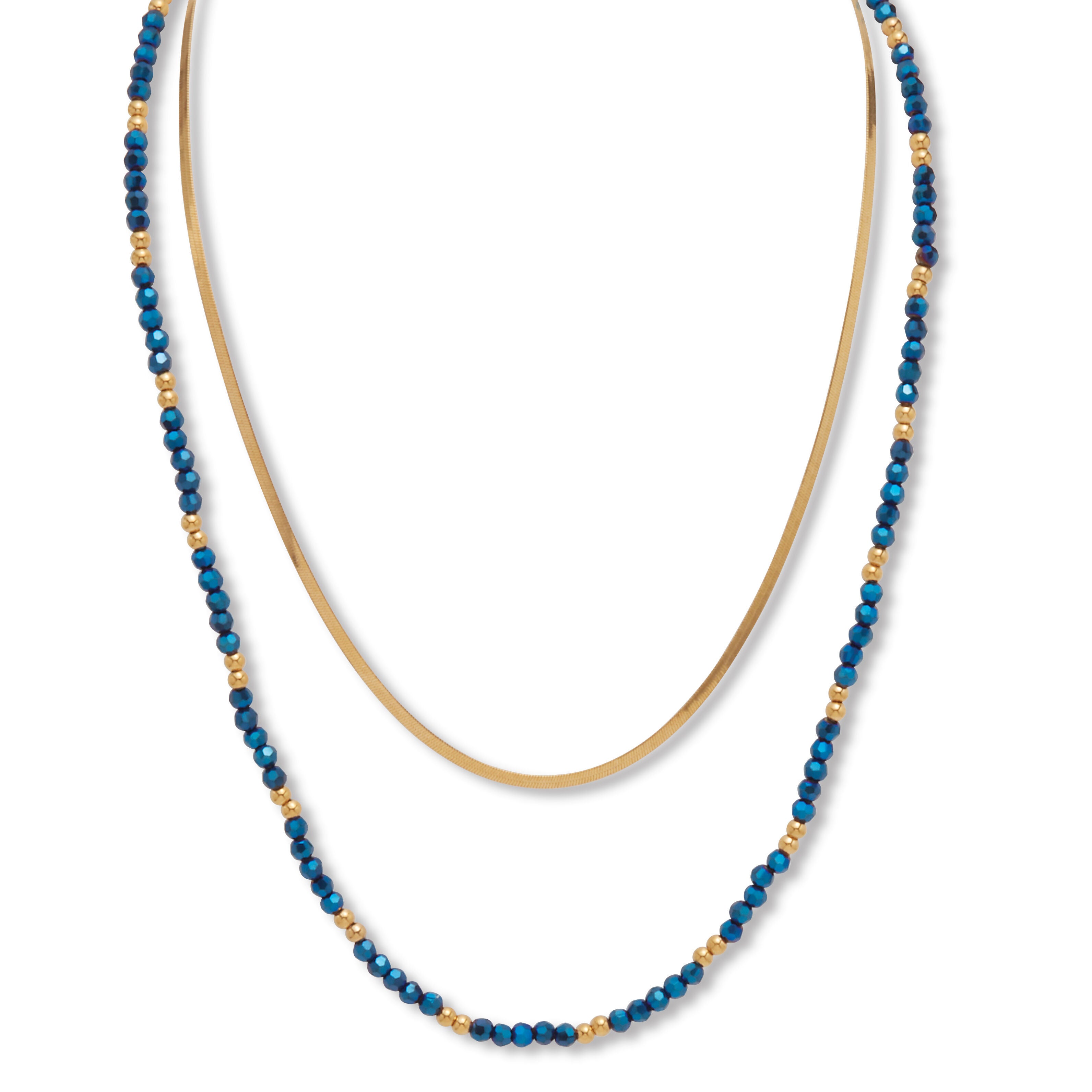 Crystal 2-Piece Stainless Steel Beaded Necklace 16-inch and 3-inch Extender, BLUE, hi-res image number 0