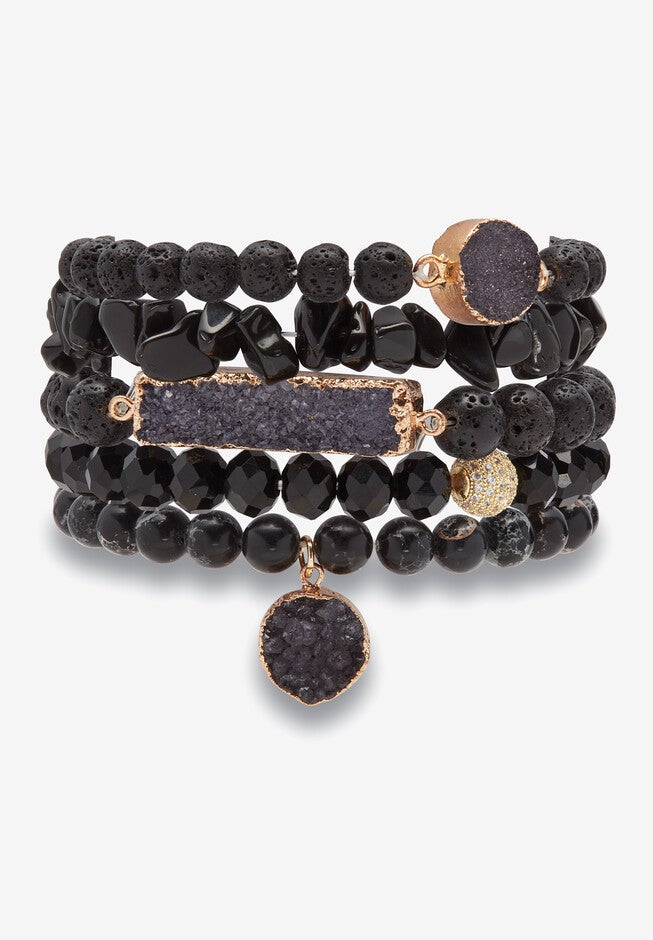 Natural Black Onyx And Genuine Agate Goldtone Necklace And Bracelet Set, 34 Inch, , alternate image number 8