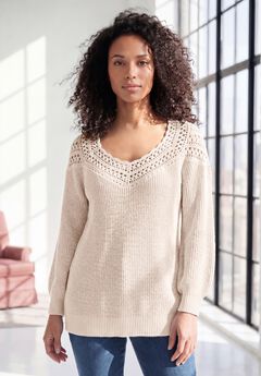 Plus Size Crochet Pullover Sweater with Sweetheart Neckline