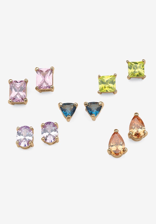 Multi Color Cubic Zirconia 5 Pair Multi Cut Gold Tone Stud Earring Set, GOLD, hi-res image number 0