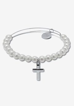 Genuine Cultured Freshwater Pearl Silvertone Cross Charm Bangle, 7.5 Inches