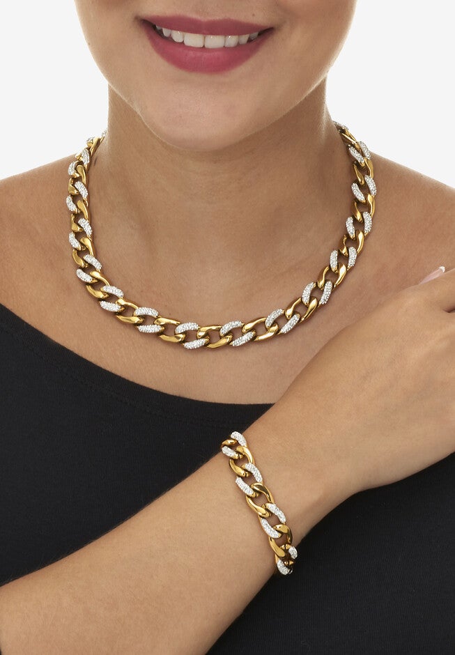 Round Crystal Gold Ion-Plated Stainless Steel Link Necklace Set 18 to 20-inch, , alternate image number 4