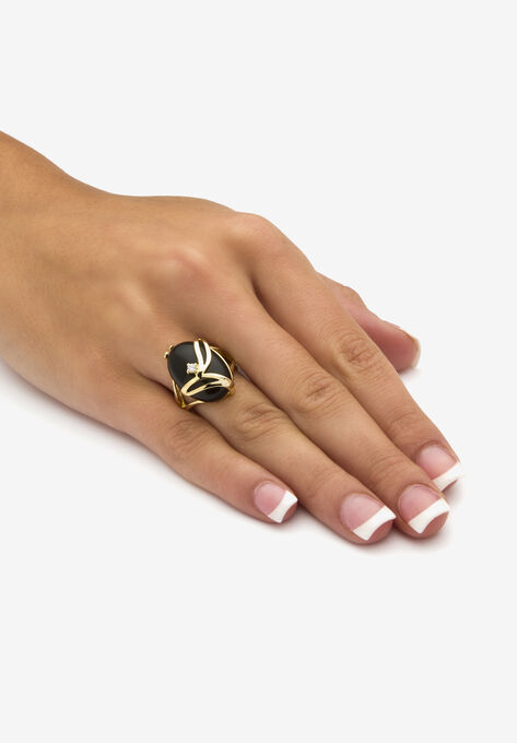 Yellow Gold Plated Natural Black Onyx and Round Crystal Ring, , alternate image number null