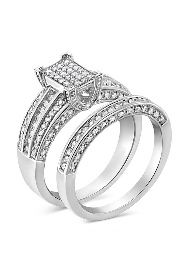 Silver 3/4 Cttw Prong Set Round Diamond Composite Engagement Ring And Band Set, , on-hover image number 1